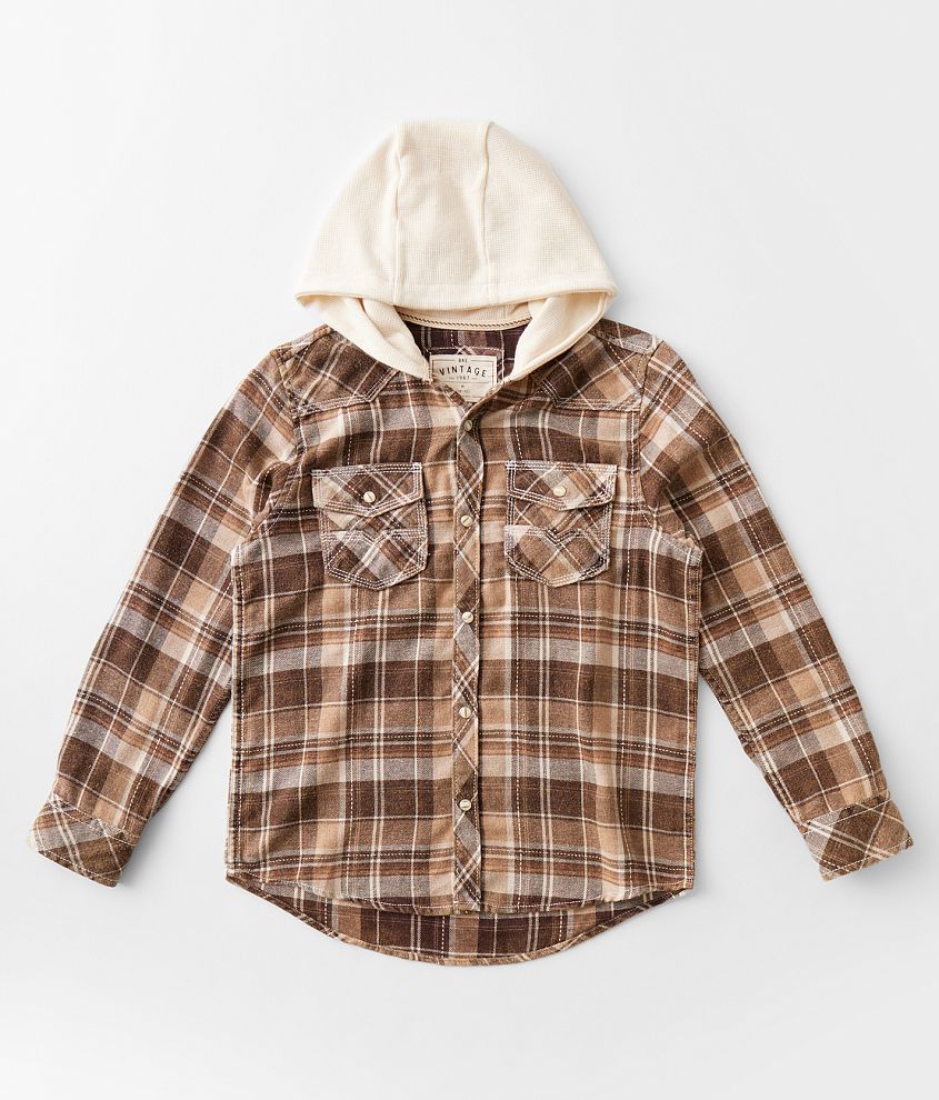 Boys BKE Vintage Hooded Plaid Shirt Boy s Shirts in Cream Tan Brown Buckle