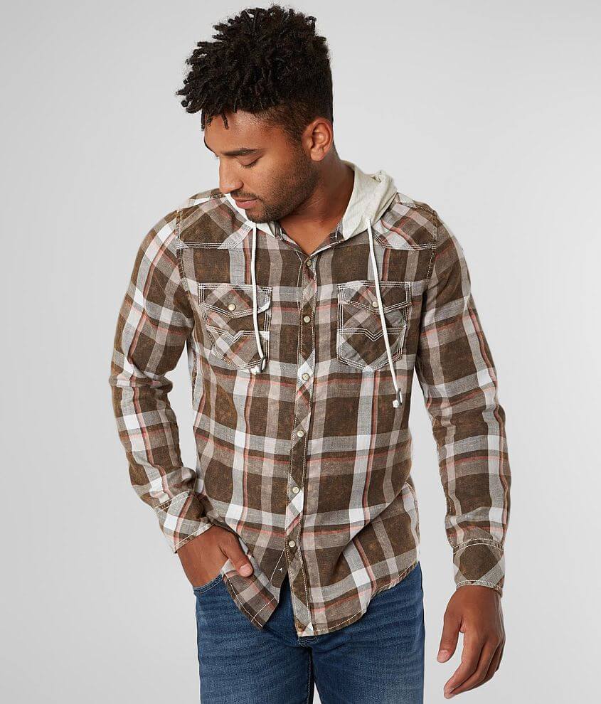 BKE Vintage Washed Plaid Hooded Standard Shirt front view