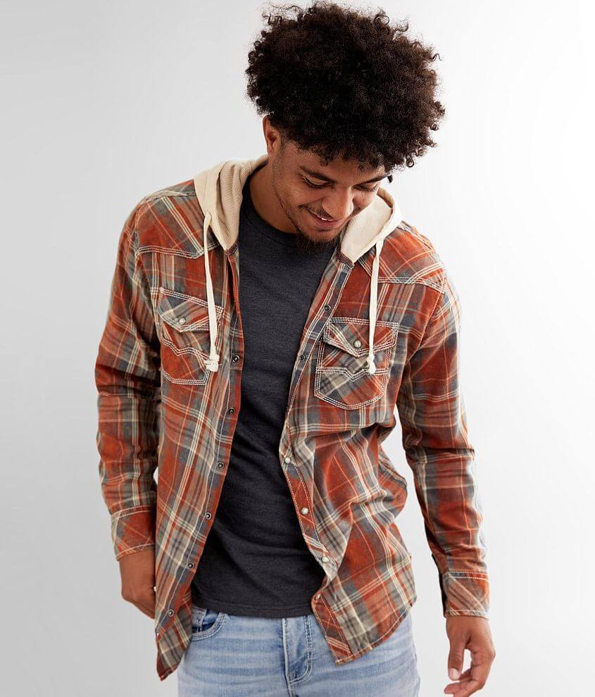 BKE Vintage Plaid Athletic Hooded Shirt front view