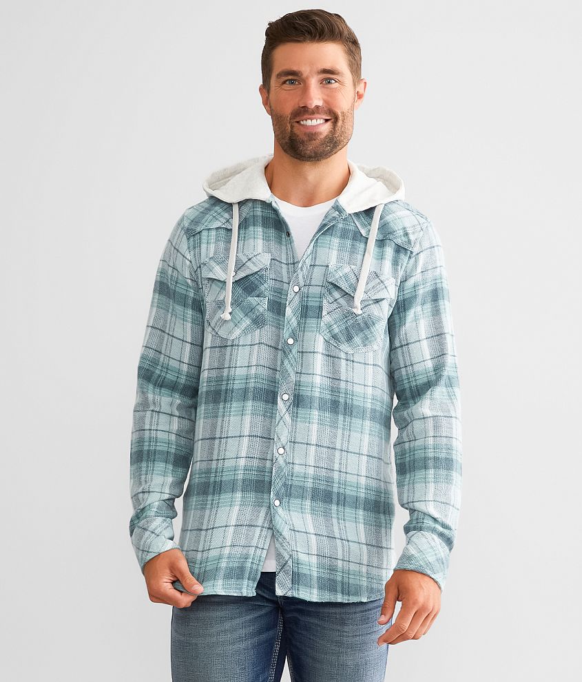 BKE Vintage Plaid Standard Hooded Flannel Shirt Men s Shirts in Mint Blue White Buckle