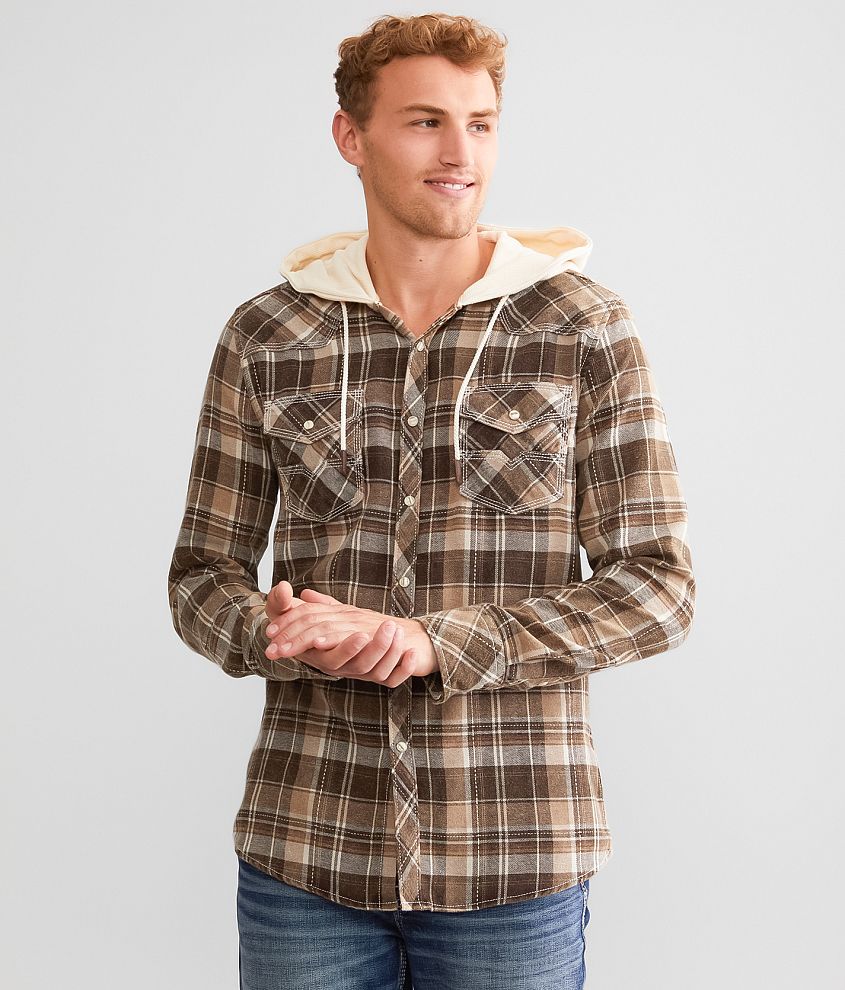 BKE Vintage Plaid Athletic Hooded Shirt front view