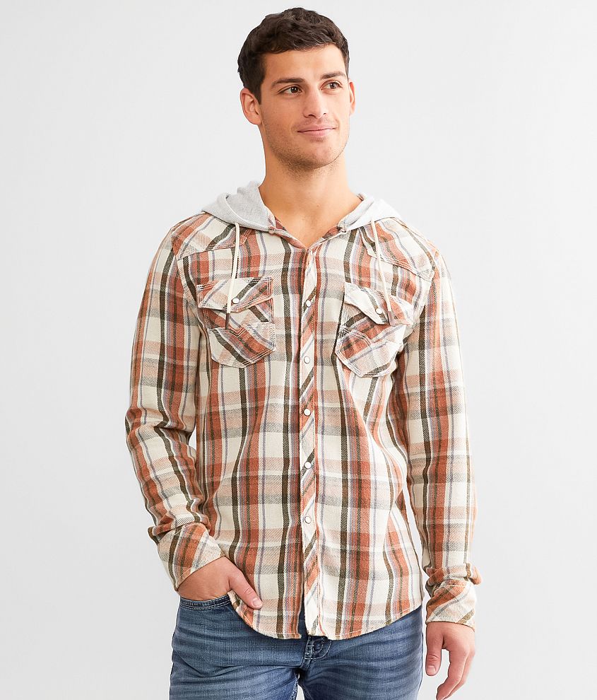 BKE Vintage Plaid Athletic Hooded Shirt front view