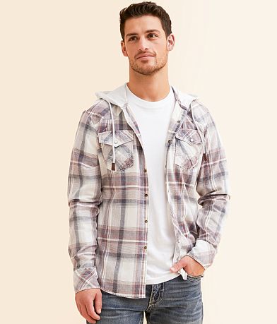 BKE Vintage Brushed Plaid Athletic Hooded Shirt front view