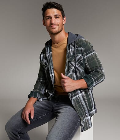 BKE Vintage Athletic Plaid Hooded Shirt front view
