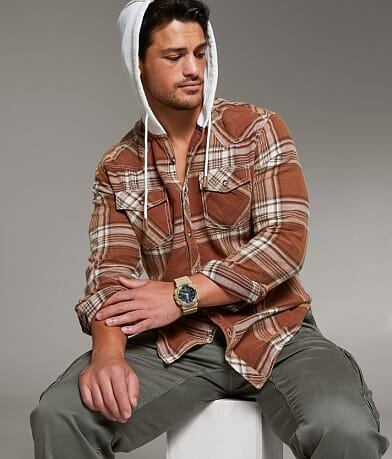 BKE Vintage Brushed Plaid Athletic Hooded Shirt front view