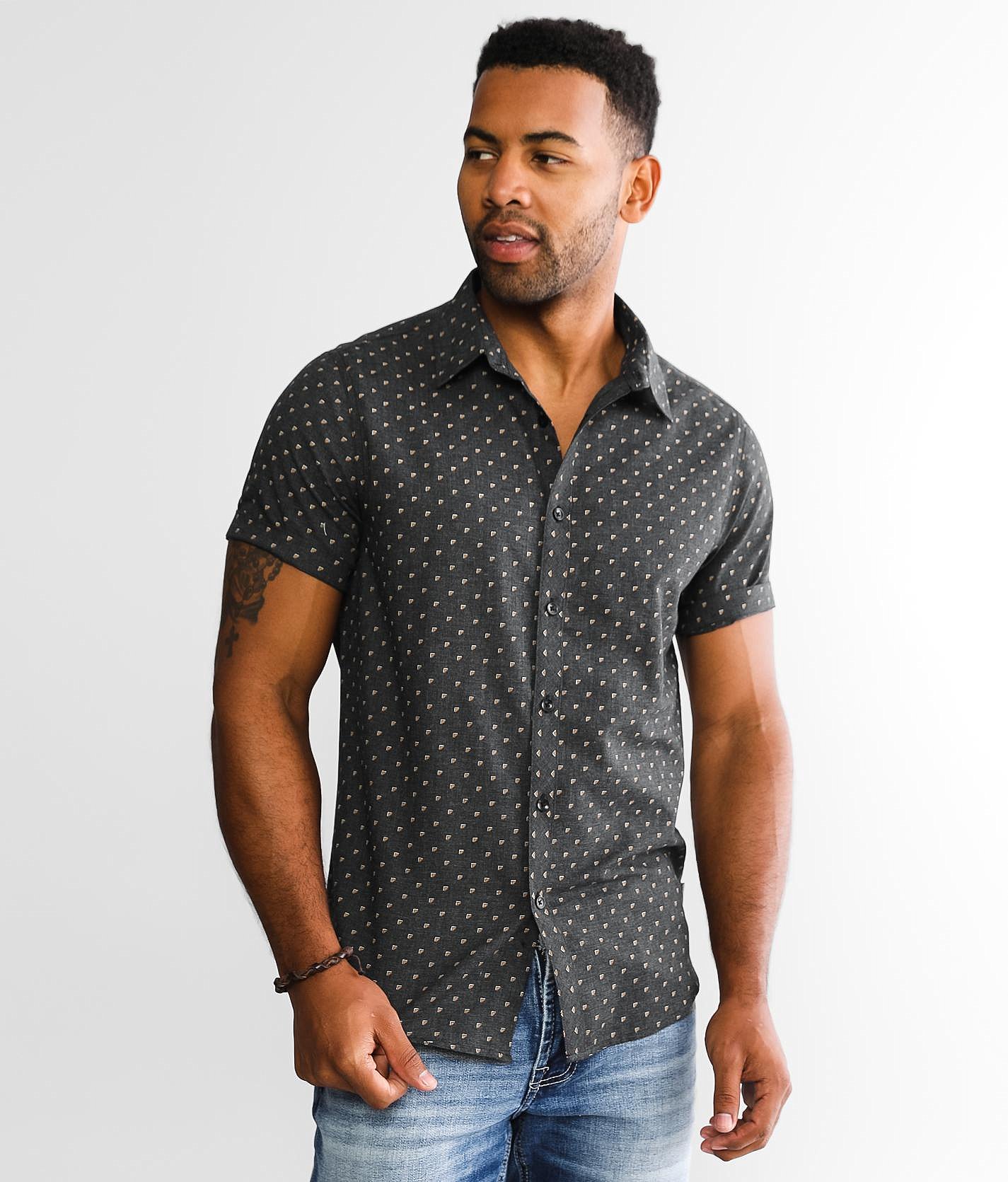 mens short sleeve black button down shirt