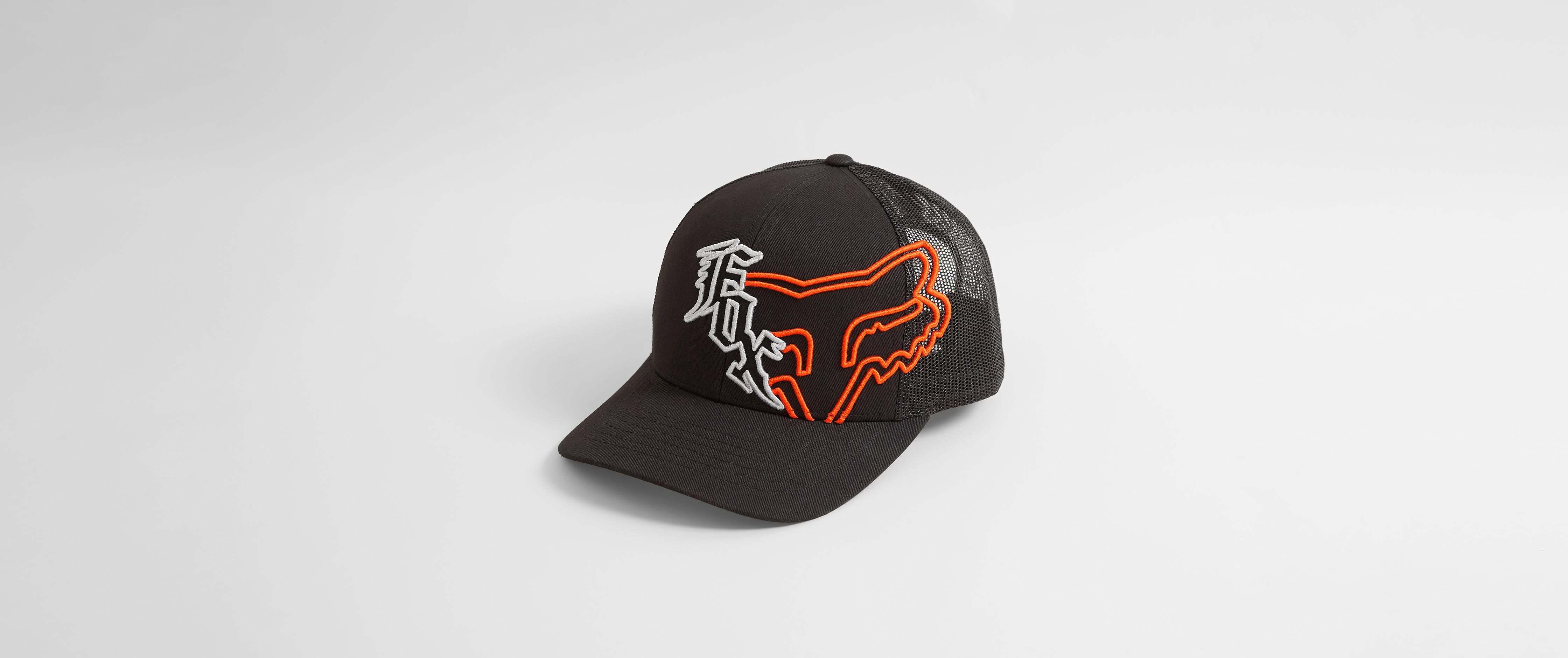 Fox Swivel Trucker Hat Clothing in Black Orange Buckle