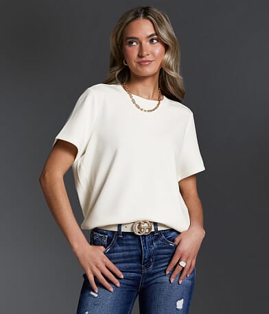 Buckle Black Step Hem Top front view