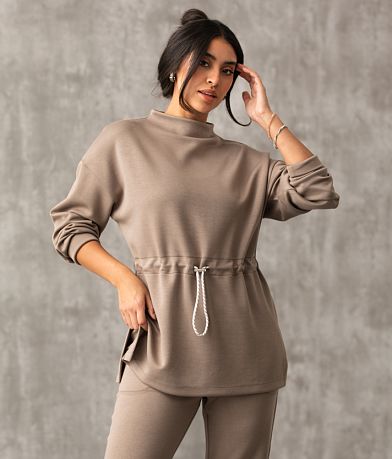 Buckle Black Cinched Waist Pullover front view