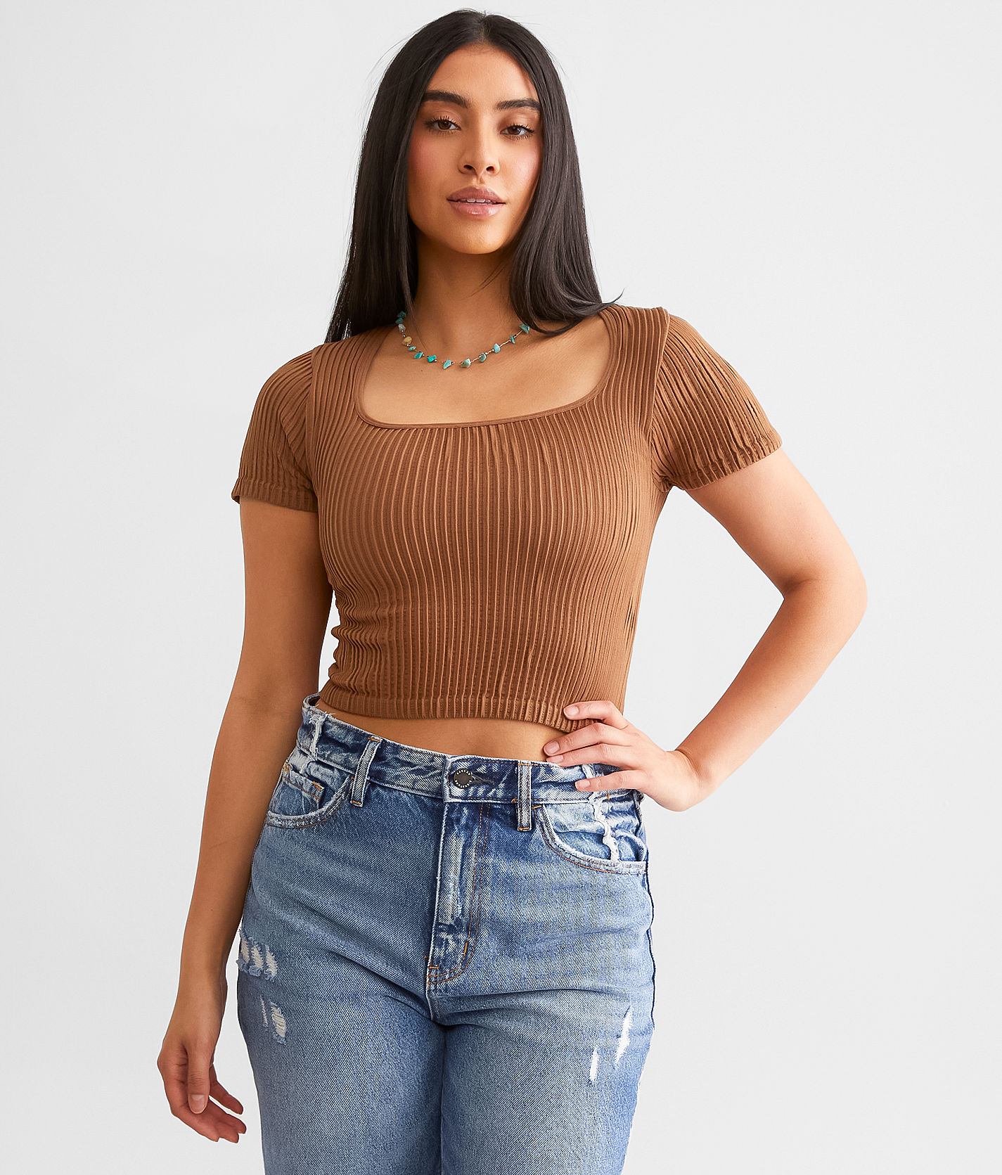 lohen SQUARE NECK COMPACT TOPS ブラウン Freshwear Square Neck Stretch Top - Women's Shirts & Blouses in