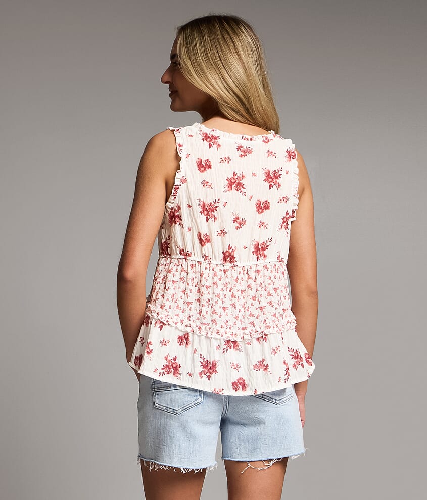 Ruffled Floral Henley Tank Top