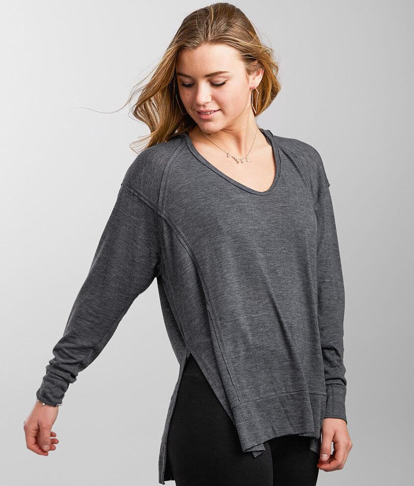 BKE Raw Edge VNeck Hoodie Women's Sweatshirts in Black Heather Buckle