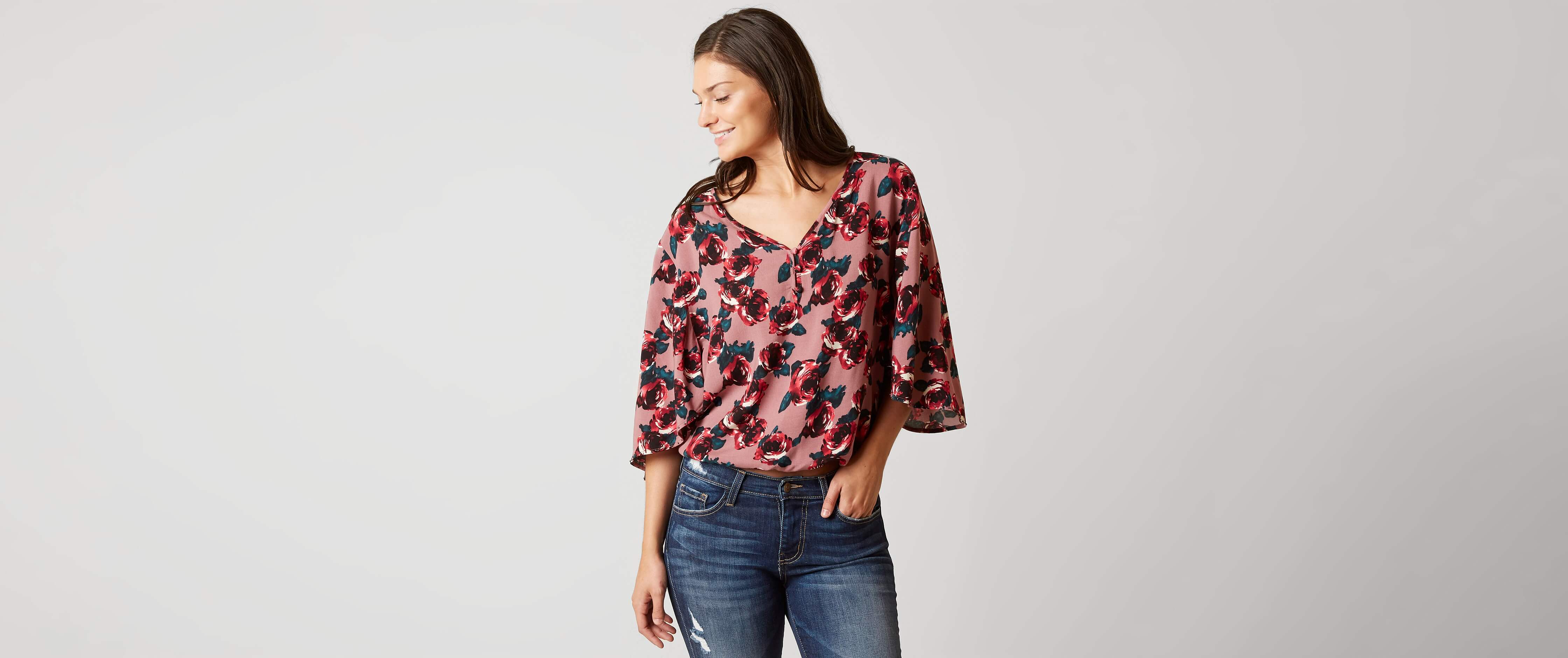 BKE Boutique Floral Henley Top Women's Shirts/Blouses in Rose Multi