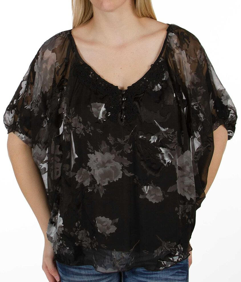 BKE Boutique Embroidered Chiffon Henley Shirt front view