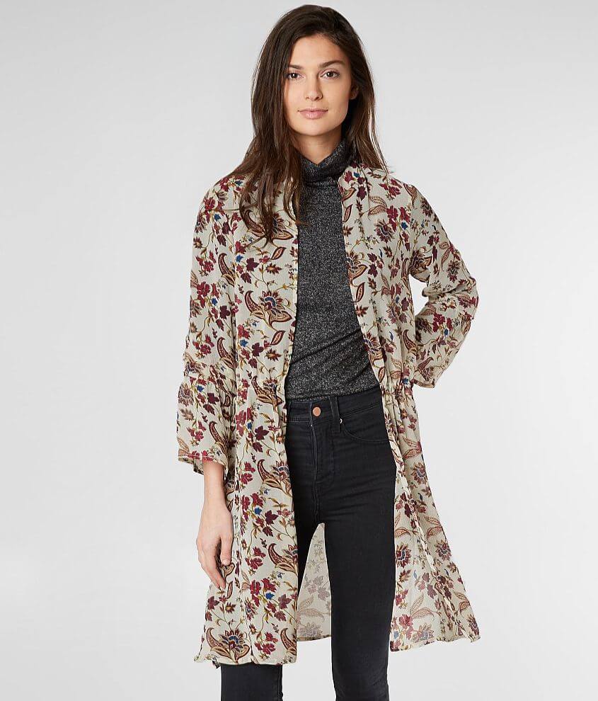 BKE Boutique Floral Collared Kimono - Women's Kimonos in Cream Burgundy ...