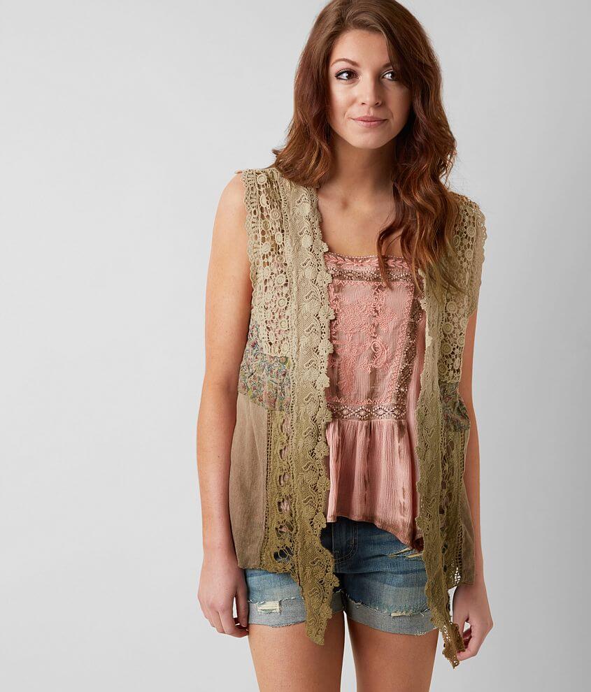 Gimmicks Dip Dye Crochet Vest Women's Coats/Jackets in Taupe Olive