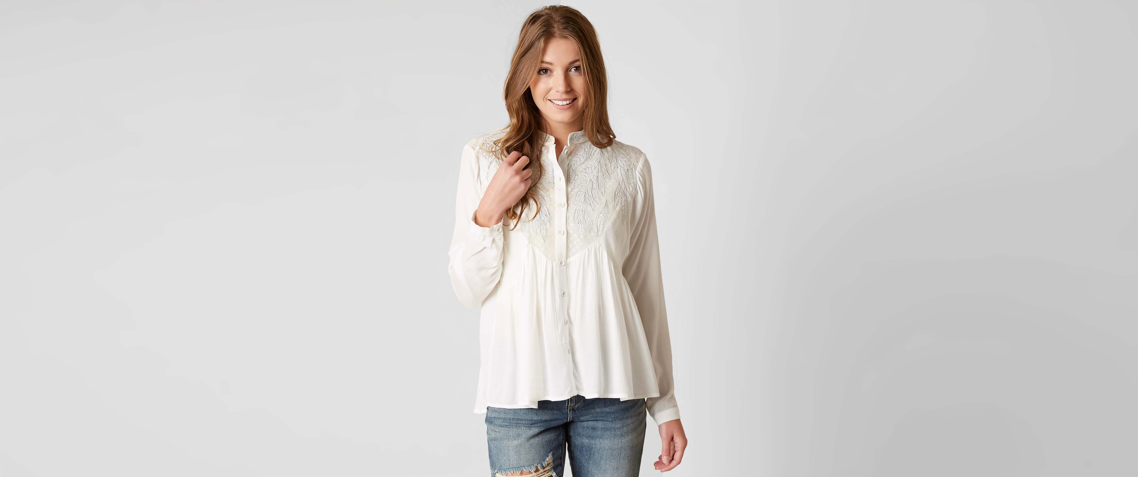 Image of Gimmicks Embroidered Leaf Applique Shirt