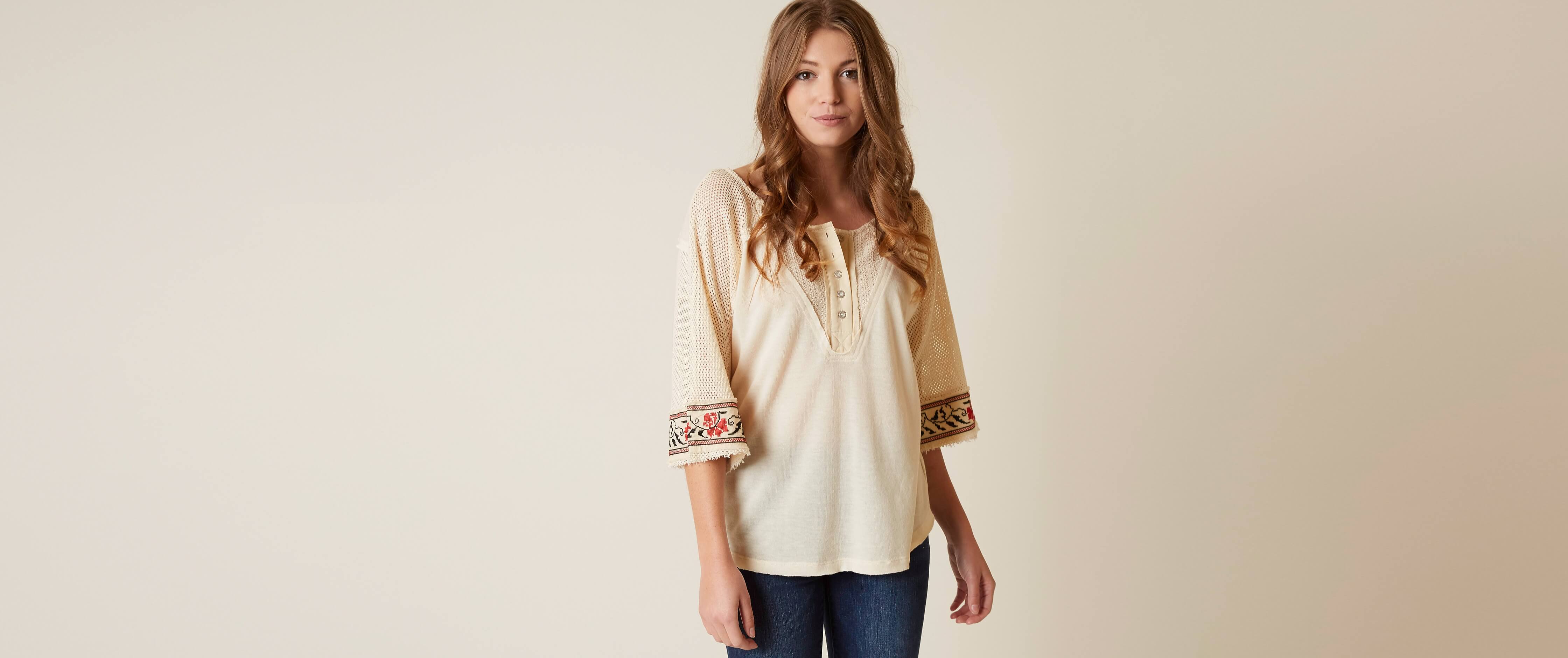 Gimmicks Peasant Henley Top Women's Shirts/Blouses in Cream Buckle