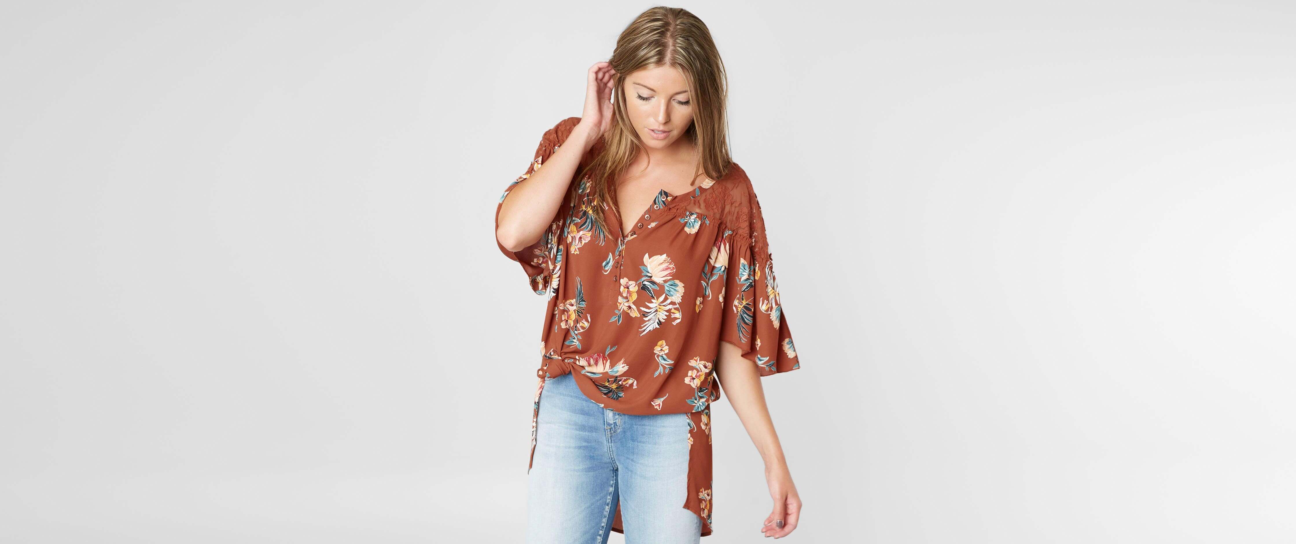 Gimmicks Oversized Floral Henley Top Women's Shirts/Blouses in Multi