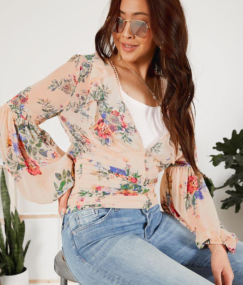 Image of Gimmicks Floral Chiffon Pleated Ruffle Top