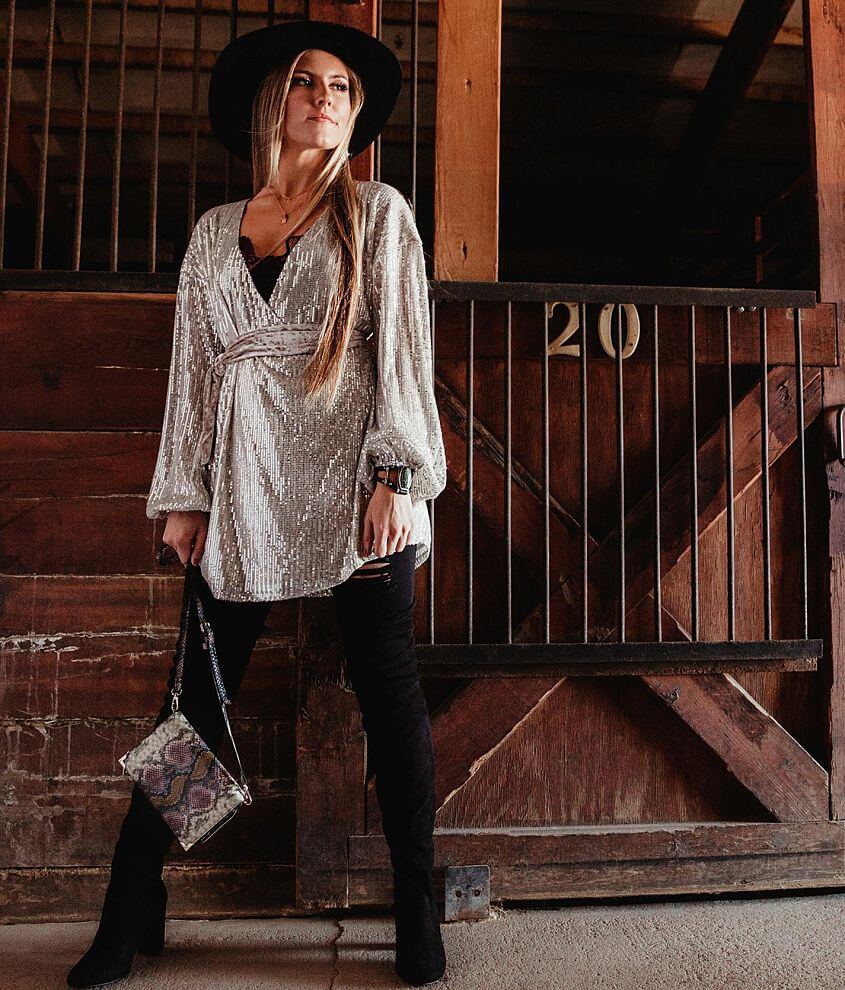 Gimmicks Sequin Tunic Wrap Top front view