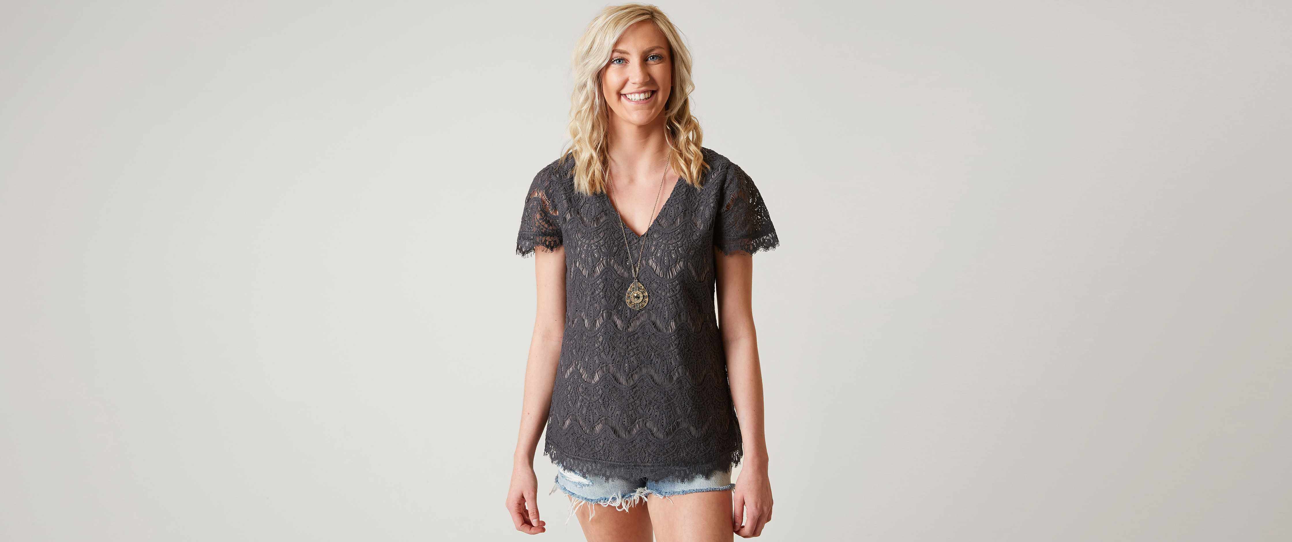 Image of BKE Boutique Eyelash Lace Overlay Top