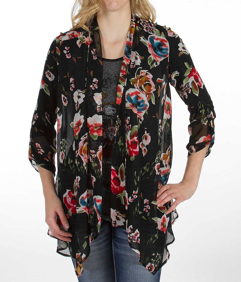 Gimmicks by BKE Floral Chiffon Cardigan front view