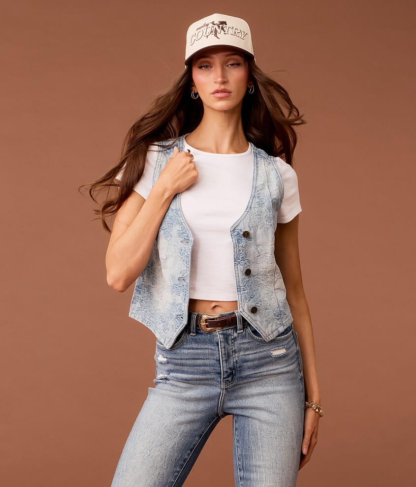 Floral Jacquard Denim Vest