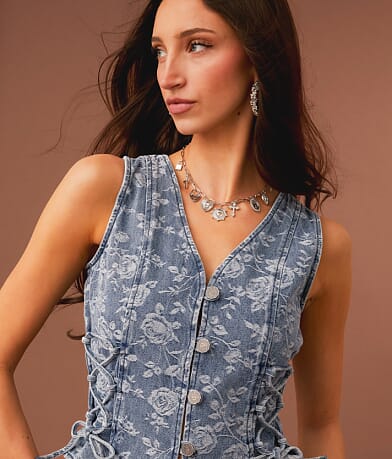 Sterling &amp; Stitch Lace-Up Floral Cropped Denim Vest MISC_DETAIL_1