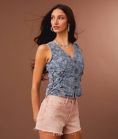 Sterling &amp; Stitch Lace-Up Floral Cropped Denim Vest FULL_LEFT_SIDE