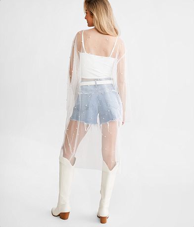 GeeGee Clothing Faux Pearl Mesh Duster Cardigan back view