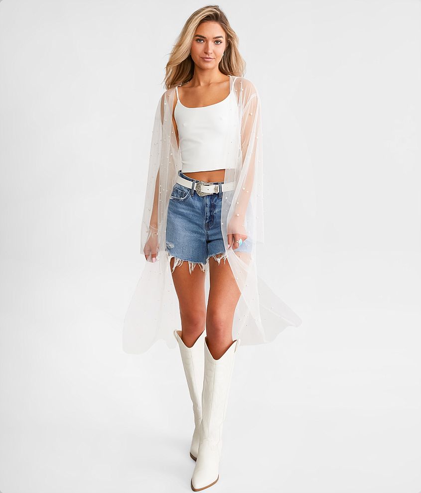 GeeGee Clothing Faux Pearl Mesh Duster Cardigan front view