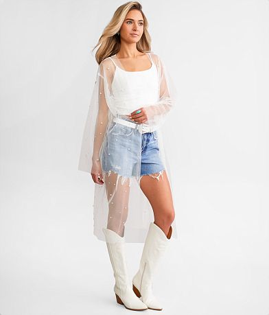 GeeGee Clothing Faux Pearl Mesh Duster Cardigan full left side view