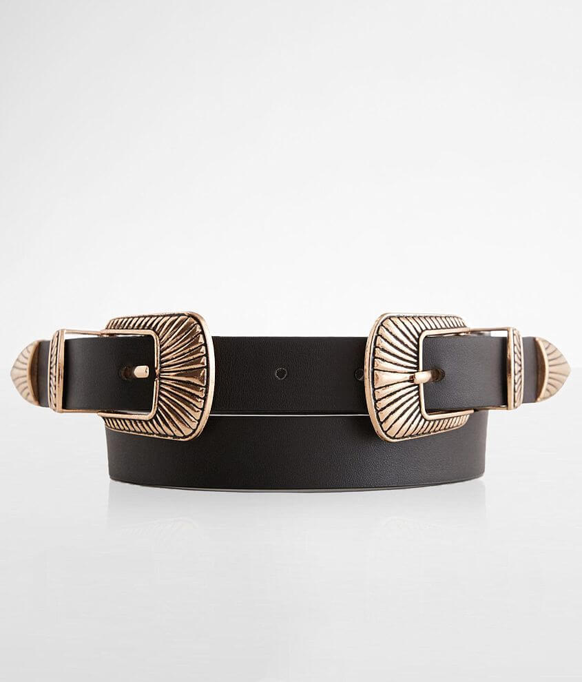 BKE Double Embossed Buckle Belt Women's Belts in Black Brass Buckle
