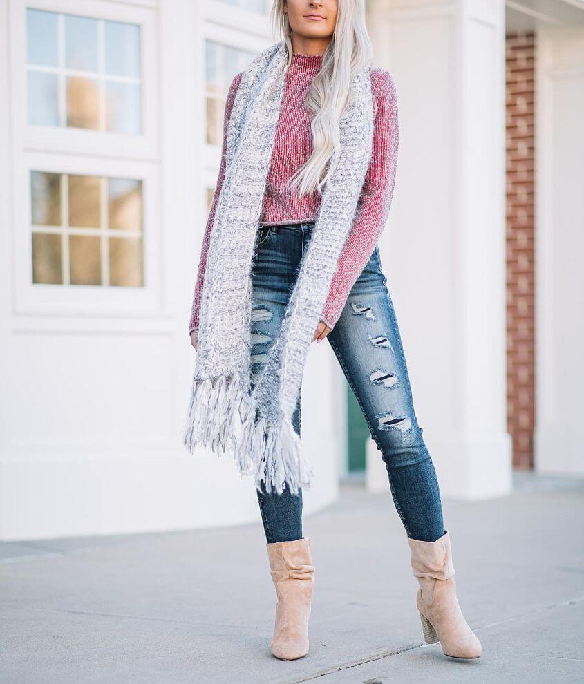 Feather Yarn Oblong Scarf Women's Scarves in Grey Buckle