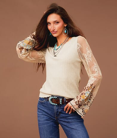 Sterling & Stitch Embroidered Lace Top front view