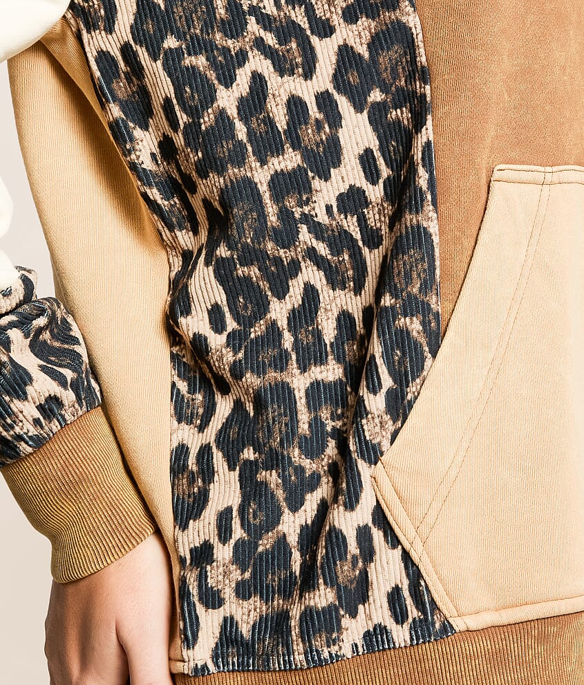 Pieced Cheetah Print Hooded Sweatshirt