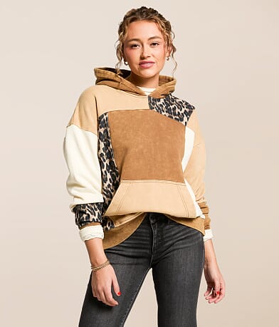 Gilded Intent Pieced Cheetah Print Hooded Sweatshirt front view