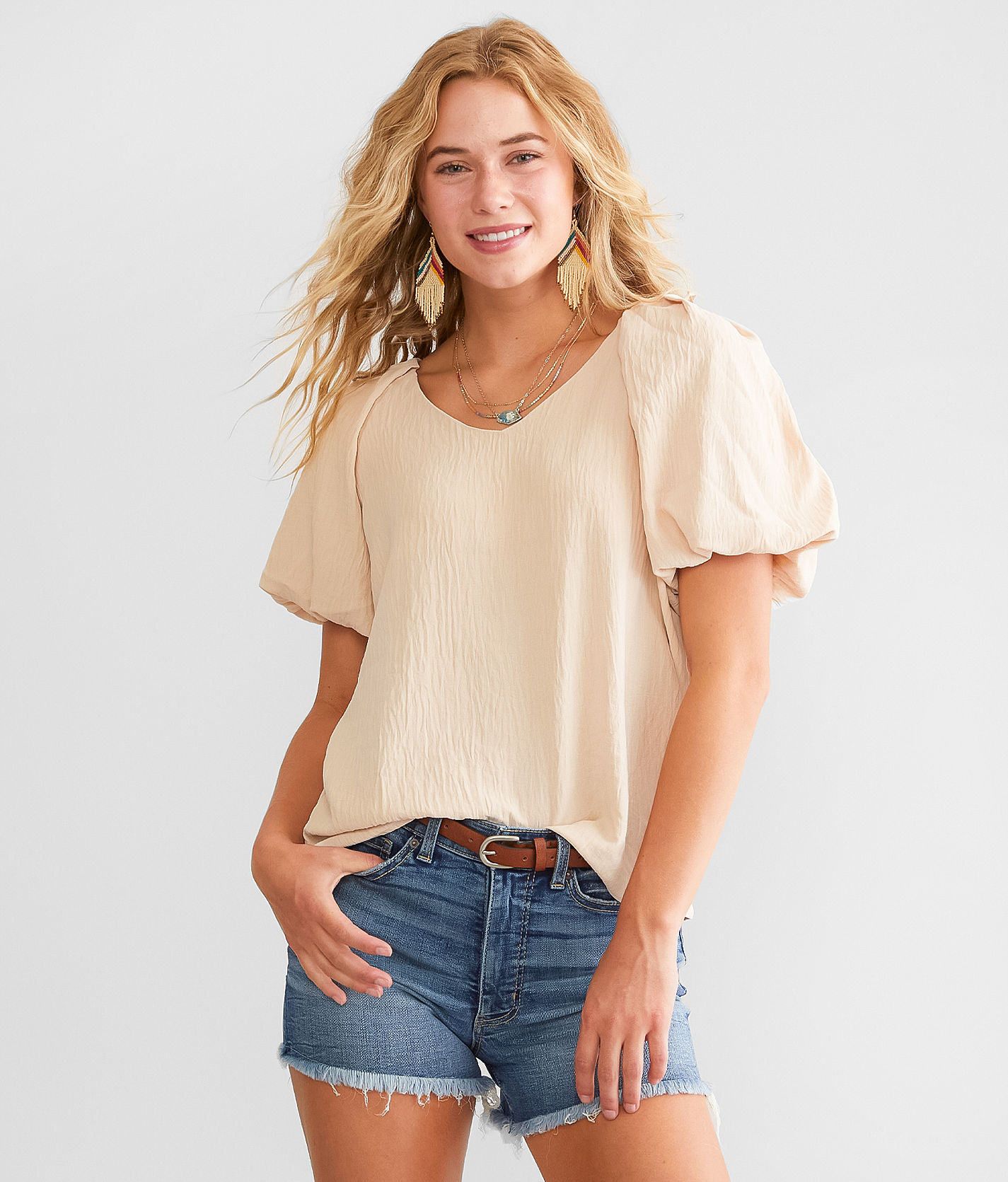 MEER.　CREAM PUFF TOP /BLK Women's Puff Sleeve Mariner Square Neck Top | Lands' End