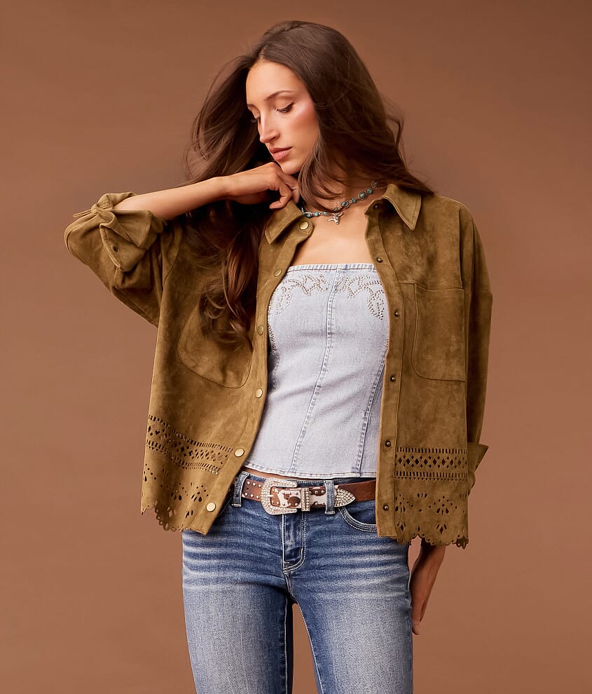 Laser Cut Faux Suede Jacket