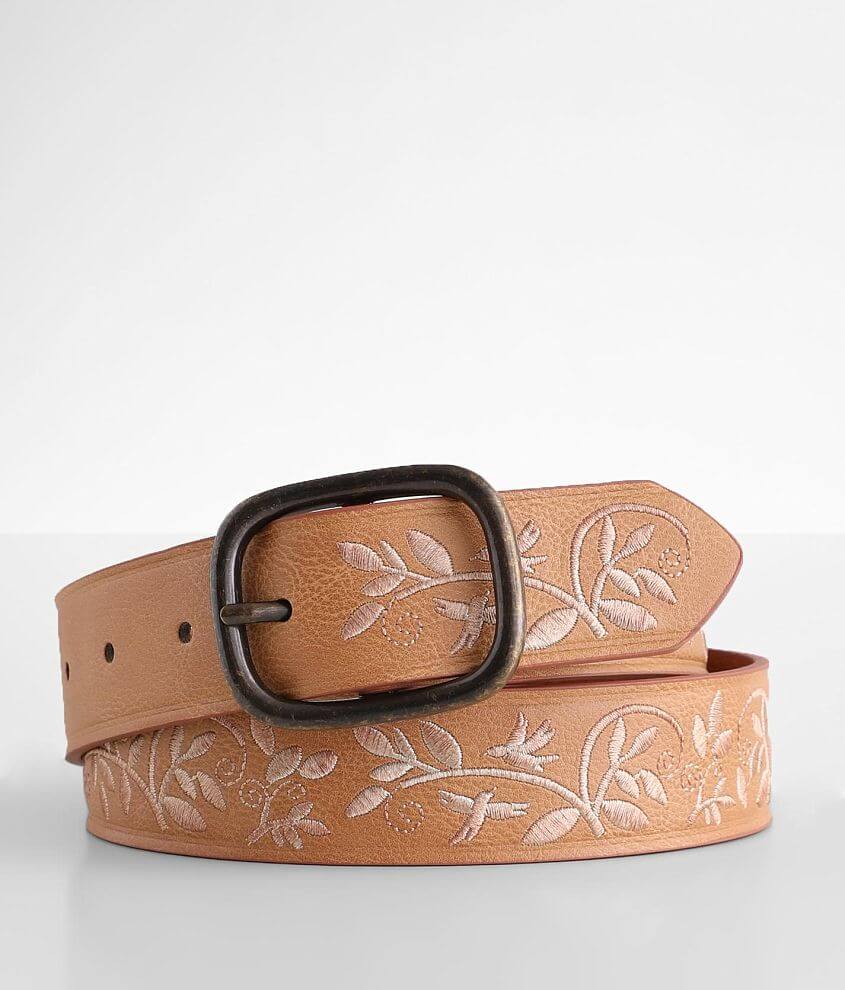 Embroidered brown leather belt