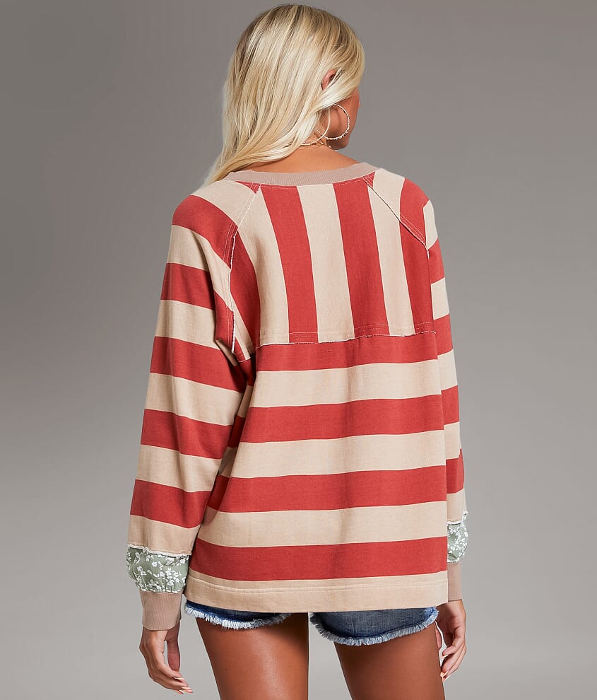 Striped Raw Edge Oversized Pullover - thumbnail 2