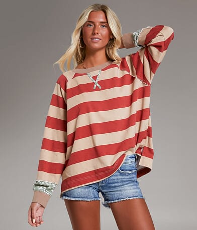 BKE Striped Raw Edge Oversized Pullover front view