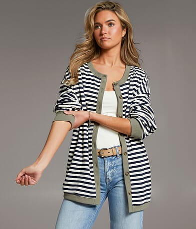 BKE Striped Knit Oversized Cardigan front view
