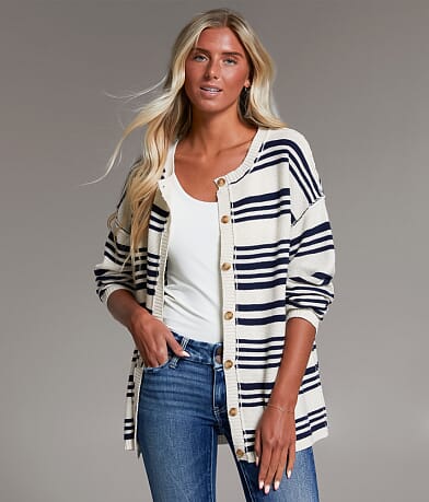 BKE Striped Cardigan Sweater front view