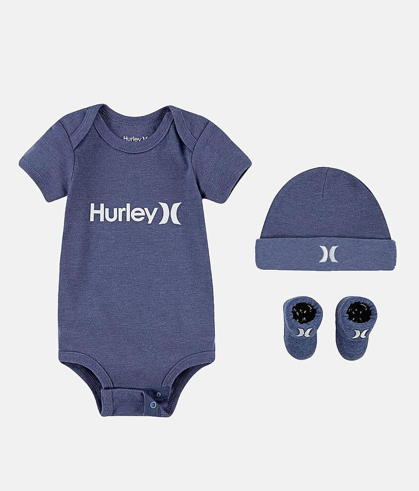 Hurley Surf Brand 0-6M Blue 3 Pc Infant Set S/S Bodysuit Cap/Hat Booties NIB 0/6 