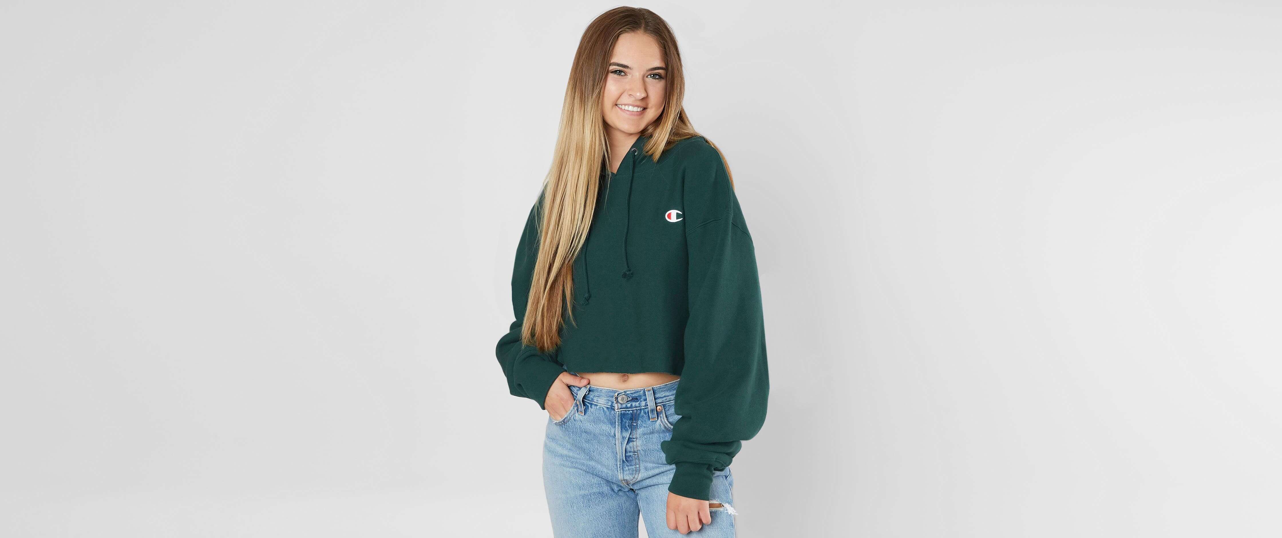 champion reverse weave lakeside green womens crop hoodie