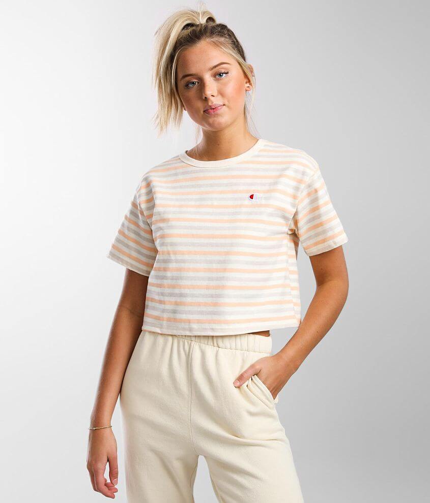 Champion Heritage Cropped T Shirt Women s T Shirts in Txt Stripe Chalk Wht Pebb Buckle