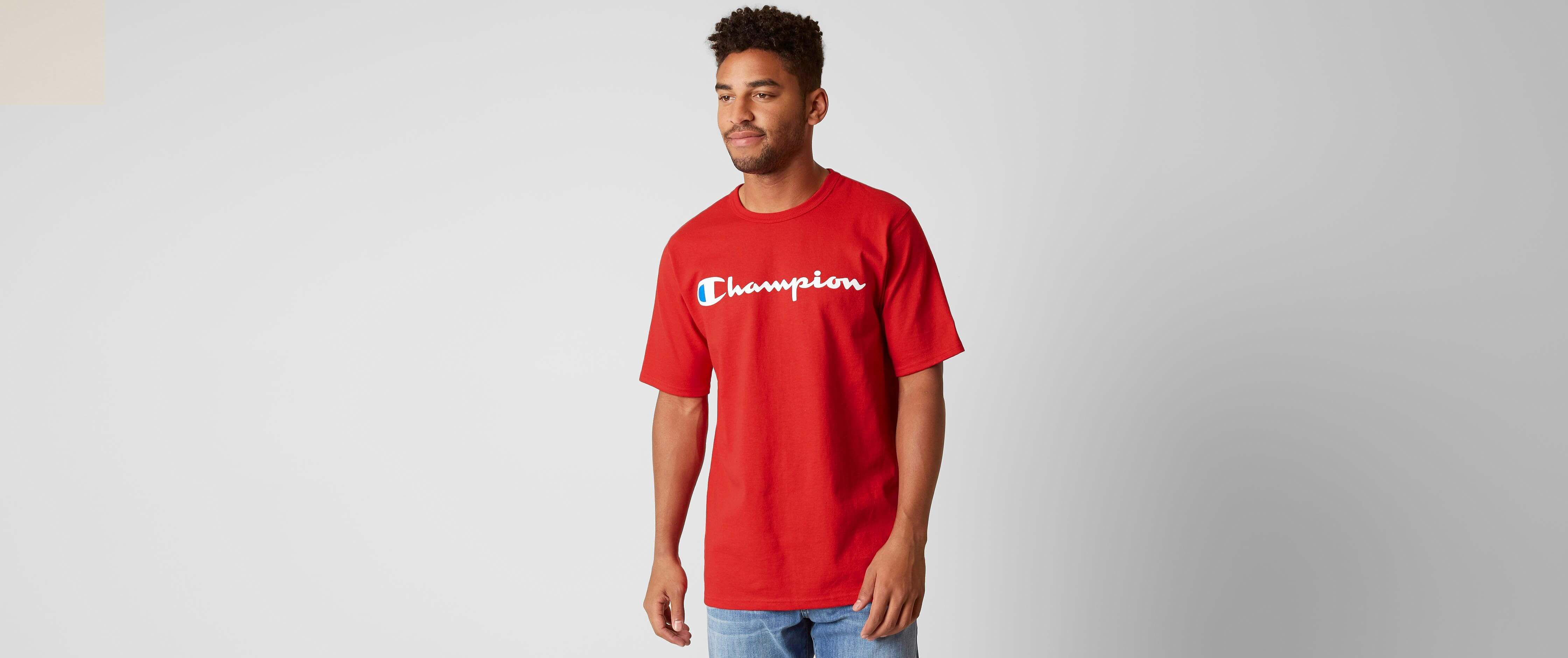 all red champion shirt