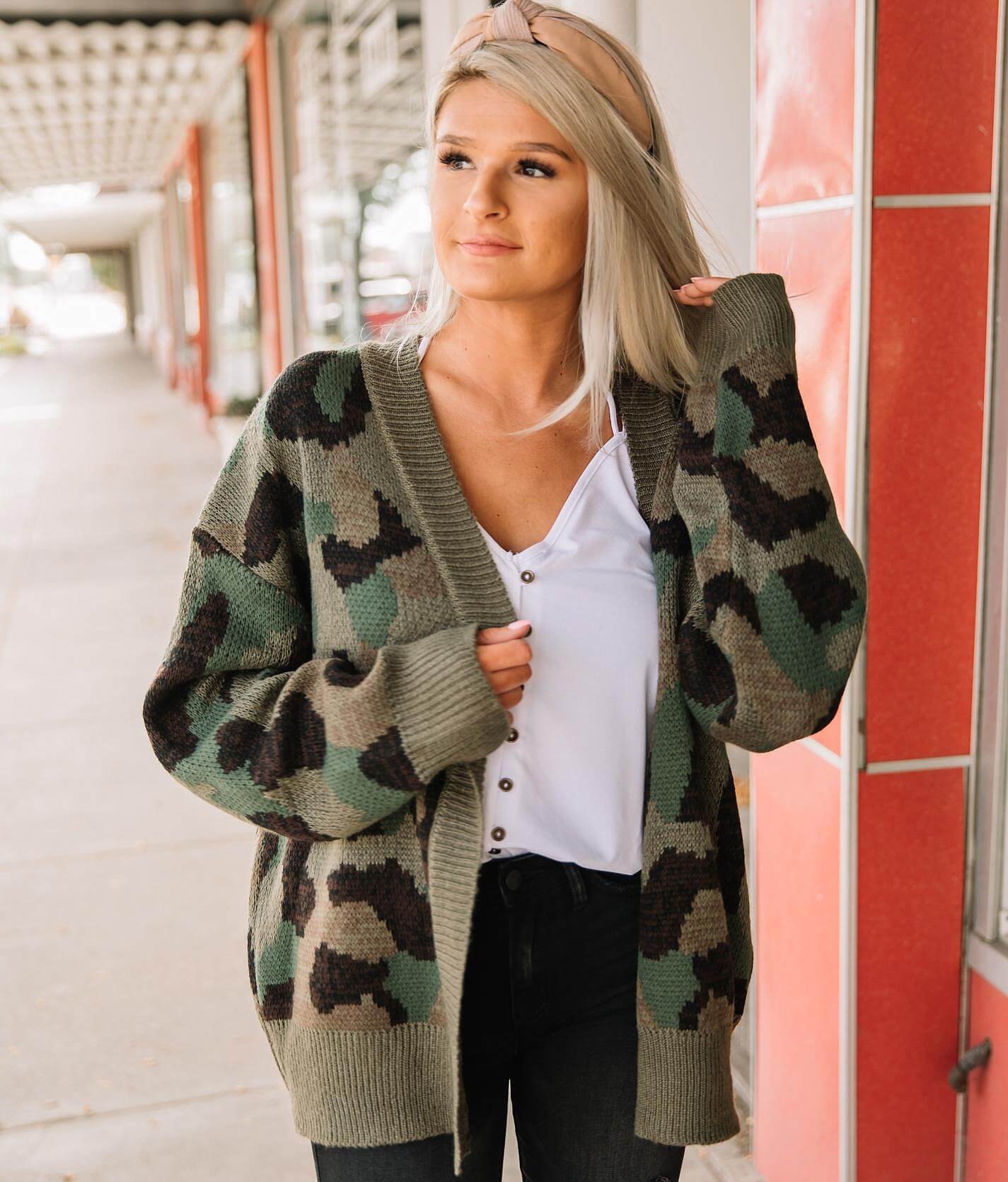 long camo cardigan sweater